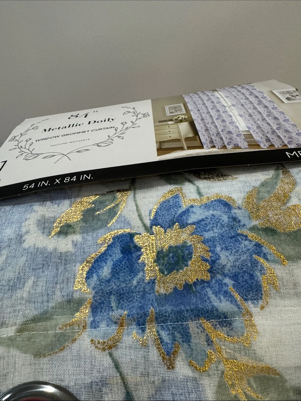 Meadow Metallic Doily Grommet Floral Curtain Panel - Blue/Gold